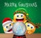 Christmas character vector design. Merry christmas text with elf, santa claus and reindeer 3d characters looking at crystal ball.