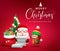 Christmas characters greeting vector design. Merry christmas text with cute santa claus and elf character reading letter.