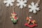 Christmas characters, holiday decor, wooden toys and snowflakes