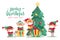 Christmas characters in masks poster. Cartoon vector elves in protective mask, decorated tree with gifts. Antiviral