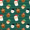 Christmas characters seamless pattern. Cute xmas portraits, Canta Claus and snowman, Rudolf deer and elf, winter bear and rabbit.