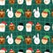 Christmas characters seamless pattern. Cute xmas portraits, Canta Claus and snowman, Rudolf deer and elf, winter bear and rabbit.