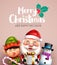 Christmas characters vector design. Merry christmas text with friendly santa claus, elf and snowman character holding gift.