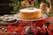 Christmas cheese cake on wooden background