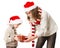 Christmas child holding presents and Santa Claus grandfather