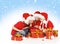 Christmas Children Open Presents, Kids Group in Santa Hat