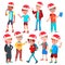 Christmas Children Set Vector. Santa Hat. Boys And Girls. Happy New Year. Isolated Cartoon Illustration