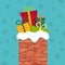 Christmas chimney with gift from santa claus. Xmas poster with roof of house, brick chimney and presents. Card with winter holiday