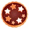 Christmas chocolate cake, pie with cranberries, star shape gingerbread traditional holiday dessert top view in cartoon