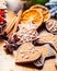 Christmas. Christmas homemade gingerbread cookies with various decorations. Red ribbon happy christmas