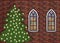 Christmas church with stars in the windows and a christmastree outside