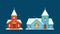 Christmas Churches, Catholic Temples with Cross and Snow on Roof and Arched Windows Isolated on Blue Background