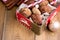 Christmas cinnamon cookies in jar Christmas food concept Cinnamon Candy cane Marshmallow Wooden background Above Christmas backgrp