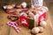 Christmas cinnamon cookies in jar Christmas food concept Cinnamon Candy cane Marshmallow Wooden background Christmas backgrpund