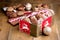 Christmas cinnamon cookies in jar Christmas food concept Cinnamon Candy cane Marshmallow Wooden background Christmas backgrpund