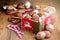 Christmas cinnamon cookies in jar Christmas food concept Cinnamon Candy cane Marshmallow Wooden background Toned Christmas backgrp