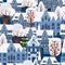 Christmas City Winter seamless pattern. European old architecture , houses trees snow. Vector illustration