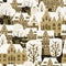 Christmas City Winter seamless pattern. European old architecture , houses trees snow. Vector illustration