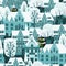 Christmas City Winter seamless pattern. European old architecture , houses trees snow. Vector illustration