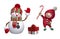 Christmas clip art collection. 3d render of cute snowman, funny elf, wrapped gift box, candy cane, isolated on white background.