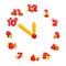 Christmas clock face. Colorful New Year countdown with traditional winter holidays symbols