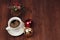 Christmas close-up of Christmas balls and cup of coffee.