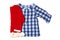 Christmas clothes. Blue checkered kids girl shirt with child girl sweater or jumper in Santa Claus design.