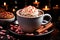 Christmas cocoa with cream on the background of burning candles on the table