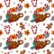 Christmas cocoa with marshmallow and candy cane. Seamless pattern