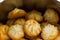 Christmas coconut puffs macaroon cookies in tin box. Festive cozy atmosphere. Holiday pastry baking concept