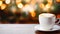 Christmas coffee cup with bokeh and copy space on background. Winter latte, hot drink. Cozy atmosphere. Christmas and