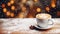 Christmas coffee cup with latte art. Cozy atmosphere. Holiday background with copy space. Christmas and New Year holiday
