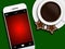 christmas coffee, gingerbread and mobile phone lying on tablecloth