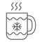 Christmas coffee mug thin line icon. Tea cup with snowflake vector illustration isolated on white. Hot tea cup outline