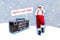 Christmas collage brochure of santa claus move dance floor on new year event listen carols songs on snowy background