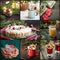 Christmas collage with mulled wine, holiday gifts, cone, gifts, coffee, marshmallow, apple sidr, xmas cookies