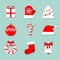 Christmas collection of 9 icons at blue background: mitten, Christmas tree, candy and Santa`s hat. Vector images