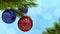 Christmas colored balls on a Christmas tree branch greeting card. 3d rendering