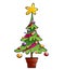 Christmas colorful pine tree decorated with ornaments and a big