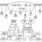 Christmas coloring book with a cute bull, gifts and a fir tree. Black outline on white, sketch, Doodle, vector