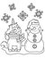 Christmas coloring book page. Unicorn with snowman coloring book page.