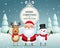 Christmas companions, santa claus, snowman and reindeer with champagne on a snow-covered background with Christmas trees.
