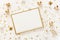 Christmas composition background pattern from gold and white Christmas decorations and frame mock up