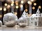 Christmas composition. Christmas balls white and silver, decorative house, christmas tree on white background
