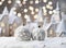 Christmas composition. Christmas balls white and silver, decorative house, christmas tree on white background