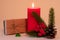 Christmas composition. Christmas gifts, pine branches, candle. Flat lay, top view