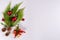 Christmas composition. Christmas present, pine cones, fir branches , red Christmas balls on a white background.