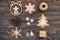 Christmas composition. Christmas snowflakes, Christmas tree and angel in a frame on a wooden background. New Year wooden vintage d