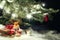 Christmas composition - Christmas tree in the snow, gifts, toy deer and the inscription Merry Christmas and Happy New