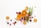 Christmas composition with cookies, dried oranges, cinnamon sticks and herbs on white background. Natural food ingredient for